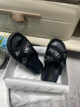 Pre Order Luxury White Logo Platform Cross Strap Slides in Black