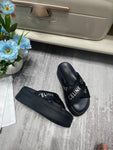 Pre Order Luxury White Logo Platform Cross Strap Slides in Black