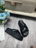 Pre Order Luxury White Logo Platform Cross Strap Slides in Black