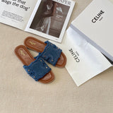 Pre Order Luxury Design Denim Frayed Logo Slides