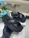 Pre Order Luxury White Logo Platform Cross Strap Slides in Black