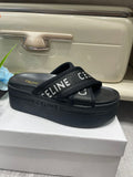 Pre Order Luxury White Logo Platform Cross Strap Slides in Black