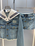Pre Order Denim Luxury Logo Jacket & Skirt Set