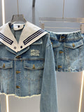 Pre Order Denim Luxury Logo Jacket & Skirt Set