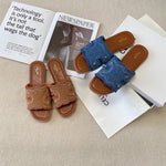 Pre Order Luxury Design Denim Frayed Logo Slides