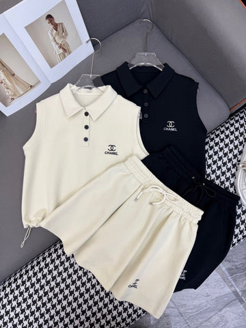 Pre Order Luxury Logo Half Buttn Sleeveless Top & Short Set