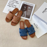 Pre Order Luxury Design Denim Frayed Logo Slides