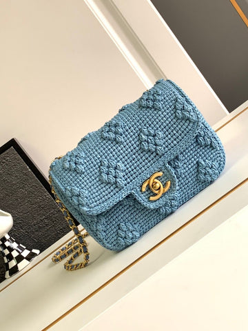 Pre Order Blue Denim Crochet Luxury Logo Chain Handbag