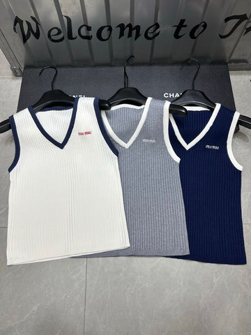 Pre Order V Neck Ribbed Top With Luxury Logo