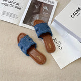 Pre Order Luxury Design Denim Frayed Logo Slides