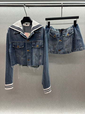 Pre Order Denim Luxury Logo Jacket & Skirt Set