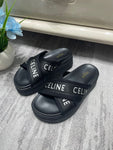 Pre Order Luxury White Logo Platform Cross Strap Slides in Black