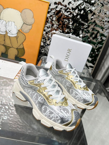Pre Order Luxury Silver Logo Trainers With Gold Detail
