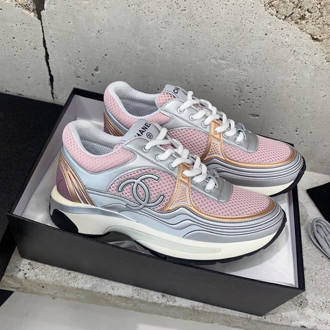 Pre Order Luxury Pink & Silver Double C Logo Trainers