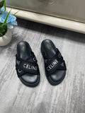Pre Order Luxury White Logo Platform Cross Strap Slides in Black