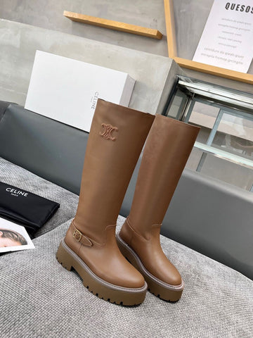 Pre Order Brown Leather Calf Boots With Luxury Logo