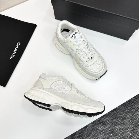 Pre Order Luxury Tweed Suede Trainers In White