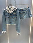 Pre Order Denim Luxury Logo Jacket & Skirt Set