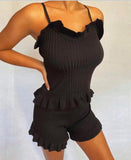 Ribbed Frill Short Set In Black