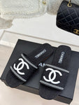Pre Order Flat Denim Slides With Large White Logo