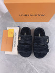 Pre Order Luxury Fur Gold Logo Platform Slippers