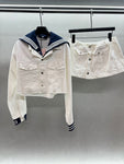 Pre Order Denim Luxury Logo Jacket & Skirt Set