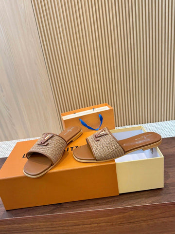 Pre Order Luxury Gold Logo Wicker Flat Mules (8 Colours)