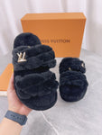 Pre Order Luxury Fur Gold Logo Platform Slippers