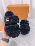Pre Order Luxury Fur Gold Logo Platform Slippers