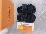 Pre Order Luxury Fur Gold Logo Platform Slippers