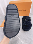 Pre Order Luxury Fur Gold Logo Platform Slippers