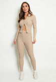 Beige Double Zip Up Ribbed Loungeset